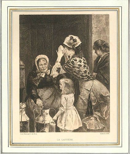 Charles Paul Renouard<br><br>The Milkmaid, 1880<br>Black and white etching and drypoint, 28 x 18 cm;  including a white cardboard passepartout, 35 x 2