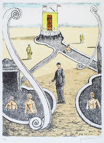 Giorgio de Chirico<br><br>The Guest of the Mysterious Bathers, 1969<br>Litography on paper, 71,5 x 50,5 cm<br>"L'Ospite dei Bagnanti Misteriosi" is an
