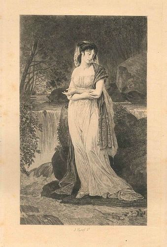 Jules Simon Payrau<br><br>Ophelia, XIX Century<br> Black and white etching on ivory-colored paper, 46.5 x 33 cm<br>Ophelia is a beautiful original bla