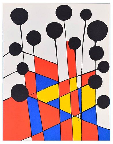 Alexander Calder<br><br>Mosaico e palloncini neri, 1971<br>Colored litograph, 31 x 24 cm<br>Mosaique Et Ballons Noirs is an original colored lithograp