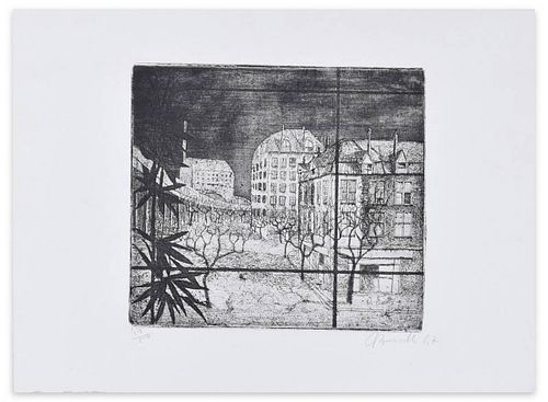 Armando Buratti<br><br>Paris, 1947<br>Original black and white etching, 35 x 47.7 cm<br>Paris is an original artwork realized in 1947 by Armando Burat