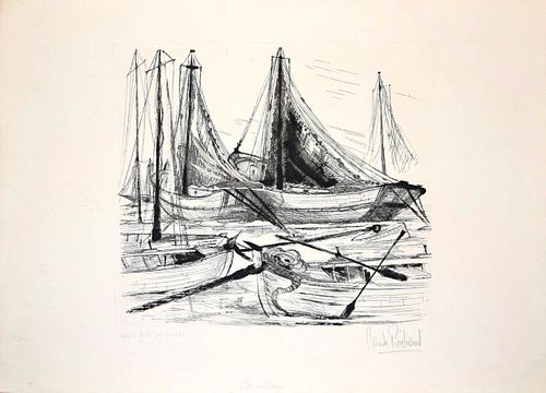 Claude Piechaud<br><br>Fishing Port, XX Century<br>Etching on paper, 45.5 x 63 cm<br>Port de Pêche is an original artwork realized by the French artis