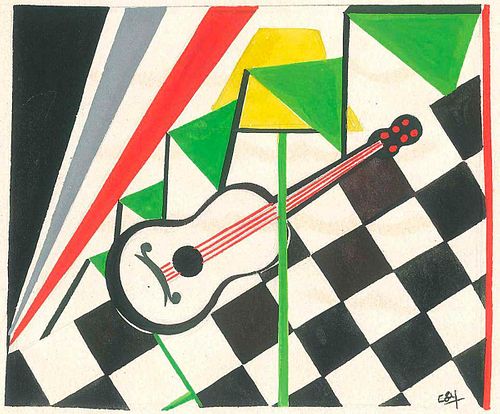 Esy A. Belluzzi<br><br>Guitar, Middle of XX Century<br>Tempera painting on ivory-colored paper, 21.2 x 24.4 cm<br>Guitar is a beautiful original tempe