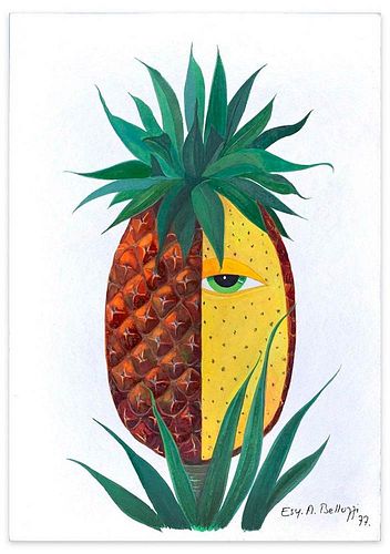 Esy A. Belluzzi<br><br>Pineapple, 1977<br>Tempera on paper, 63 x 44 cm<br>Pineapple is a wonderful tempera original painting on paper, realized in 197