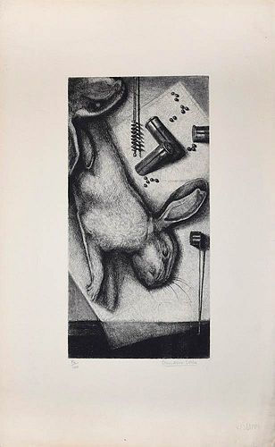 Jean-Marie Estebe<br><br>Still Life with Rabbit, XX Century<br>Etching on paper, 55 x 34 cm<br>Still LIfe with Rabbit is an original artwork realized 
