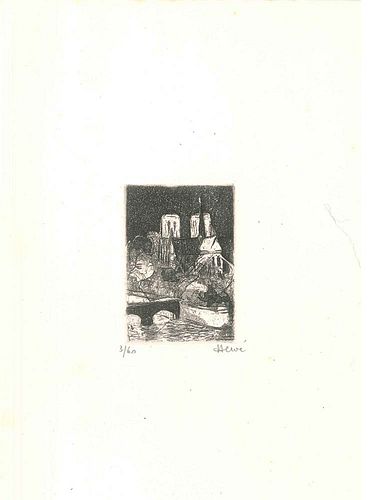 Jeannine Hervé<br><br>The Small Village <br>Original etching on paper, 16.5 x 13 cm<br>The Small Village is an original artwork realized by Jeannine H