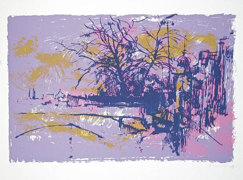 Nicola Simbari<br><br>Violet Landscape, 1976<br>Serigraphy, 49.5 x 70 cm<br>Original serigraph realized by Nicola Simbari in 1976. Hand signed in penc