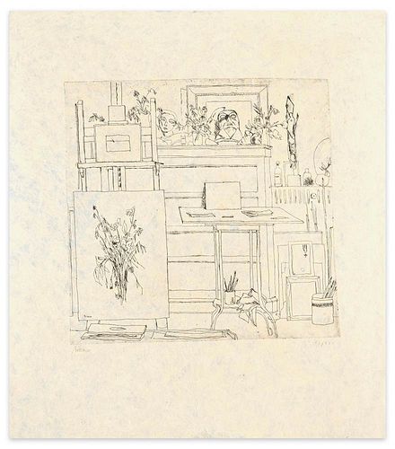 Renzo Biasion<br><br>Interior, 1970<br>Black and white etching on paper, 41 x 35,7 cm<br>Interno is a beautiful black and white etching on rise-paper,