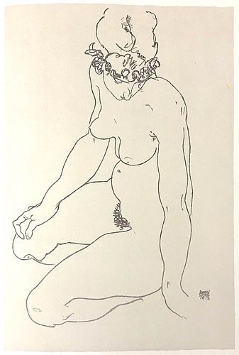 Egon Schiele<br><br>Kneeling Female Nude, Turning to the Right, 2007<br>Colored litograph, 50 x 33 cm<br>Kneeling Female Nude, Turning to the Right is