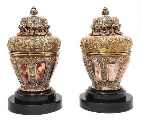 Pair of Tane Sterling Silver & Gilt Ornate Urns