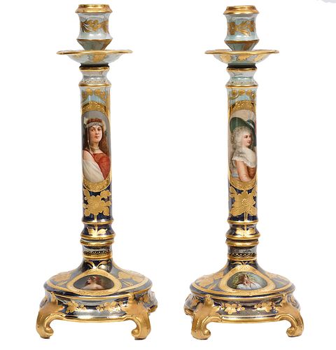Pr. Dresden Enameled & Painted Candlesticks