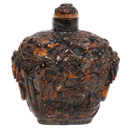Chinese Amber Snuff Bottle Carved in High Relief