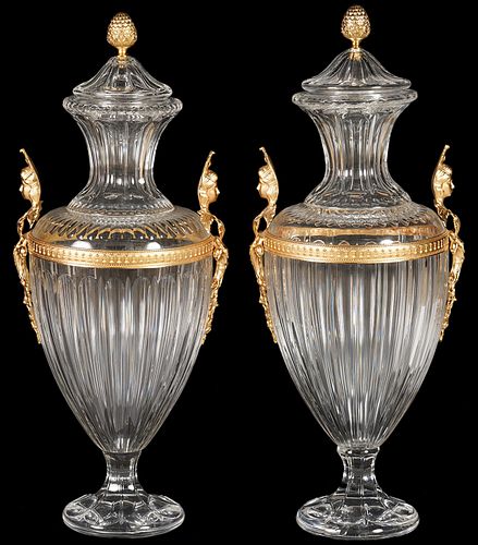 Pr. Baccarat Style Large Bronze Mounted Vases
