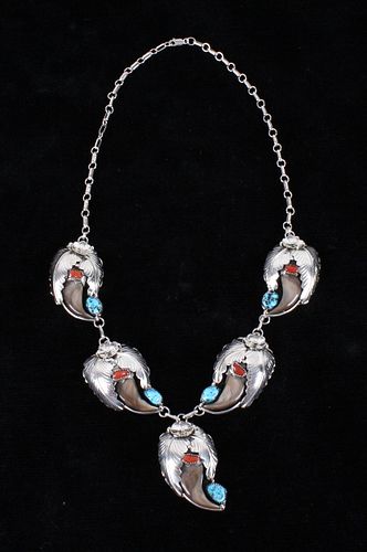 Navajo Morenci Turquoise, Coral & Silver Necklace