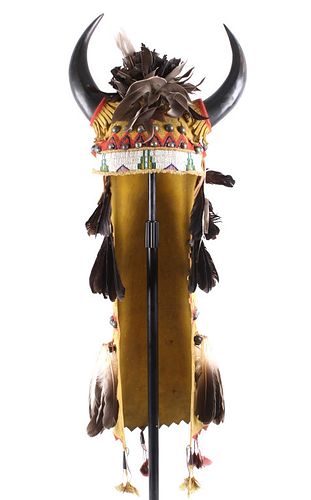 Sioux Beaded Hide Split Horn Buffalo Headdress