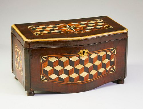 Mid 19th century English parquetry inlaid mahogany tea caddy, courtesy of Charlecote Antiques