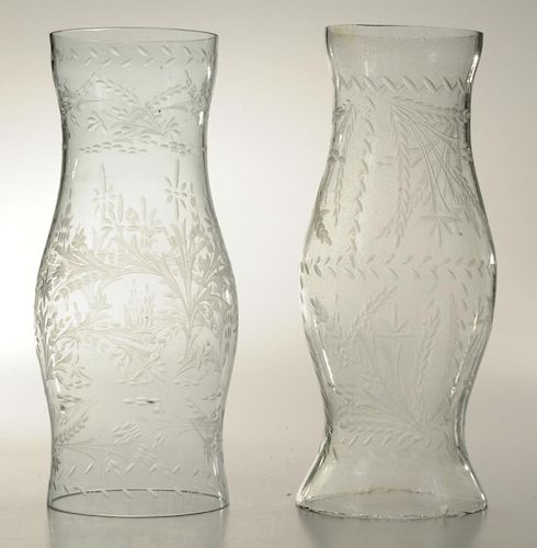 Two Etched Glass Hurricane Globes