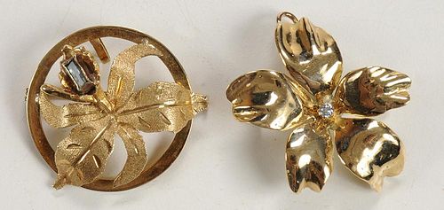 Two 14 Karat Gold Floral Brooches