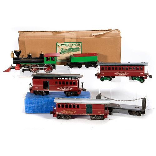 O Gauge Thomas Industries Locomotive, (2) 1869 Red Combine Cars, 1869 Red Coach Car and Pulpwood Car missing load