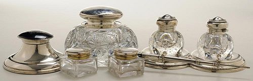 Five Silver Inkwells and Fountain Pen