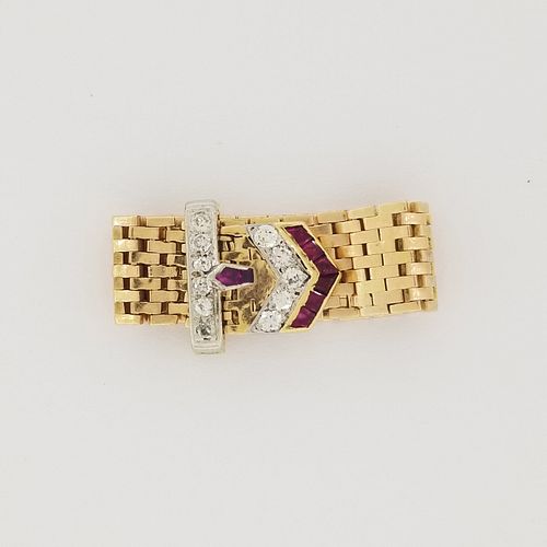 14K Gold Art Deco Diamond & Ruby Chain Link Ring