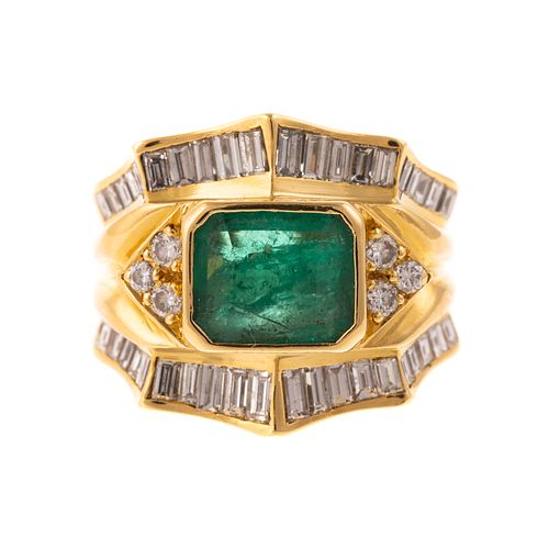 A Wide 18K Three-Row Fluted Emerald & Diamond Ring
