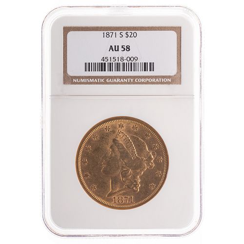 1871-S $20 Liberty Double Eagle NGC AU58