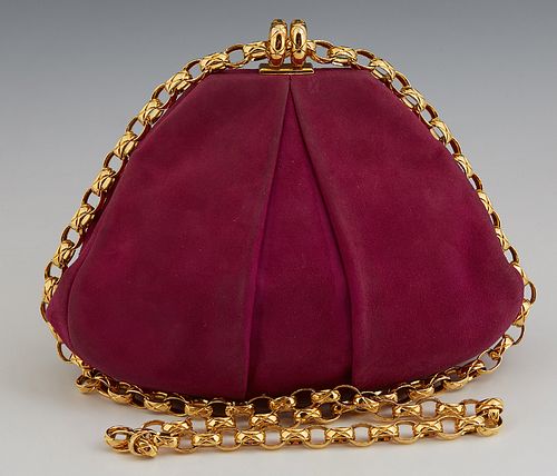 Chanel Magenta Pleated Suede Evening Bag, with gold tone snap closure opening to a black leather lined interior with side zip closur...