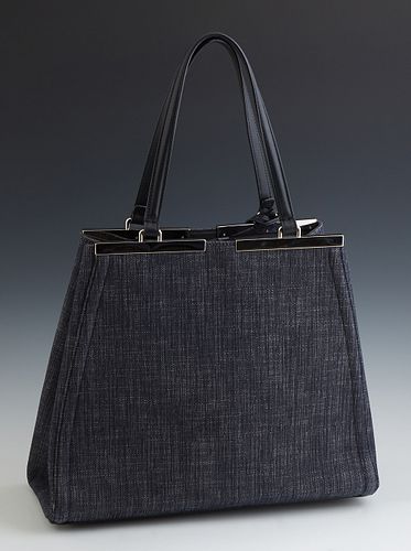 Fendi Blue Denim 2 Jours Tote Bag, with silver tone snap button closure opening to a blue suede interior with dual slit pockets on o...
