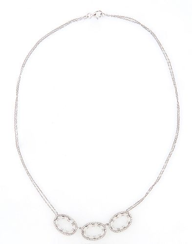 14k White Gold Necklace, with three central diamond mounted oval links, suspended from two tiny link chains on each side, total diam...