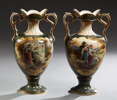 Pair of Transferware Handled Baluster Porcelain Vases, c. 1900, with reserves of women at work, with gilt handles and highlights, H....