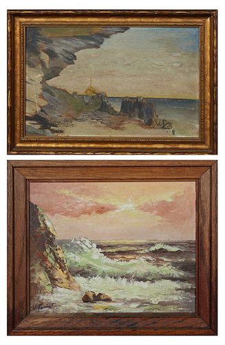 J. Parint, "Waves Crashing on the Shore," oil on panel, early 20th c., signed lower left, presented in an oak frame, H.- 7 5/8 in.,...