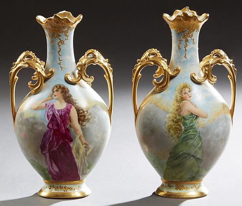 Pair of Tressemane and Vogt Limoges Gilt Decorated Handled Baluster Vases, c. 1900, with reserves of long haired female beauties, si...