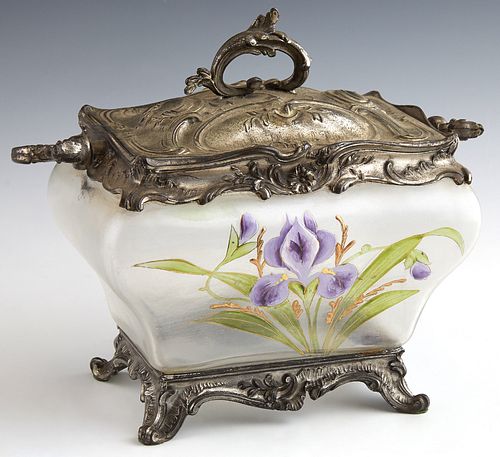 Frosted Art Glass Covered Handled Dresser Box, c. 1900, the lid with relief floral decoration, the sides painted with irises, the me...