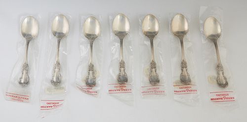 Set of Seven Sterling Teaspoons, by Reed & Barton, in the "Burgundy" pattern, in original sealed packages, total silver wt.- 11.05 T...