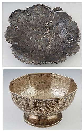 Two Silverplated Pieces, 20th c., one a hand hammered footed bowl; together with a water lily sweetmeats tray with shell form feet,...