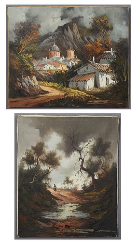 Continental School, "Figure on a Country Road," and "Village on the Mountainside," two oils on canvas, signed indistinctly lower rig...