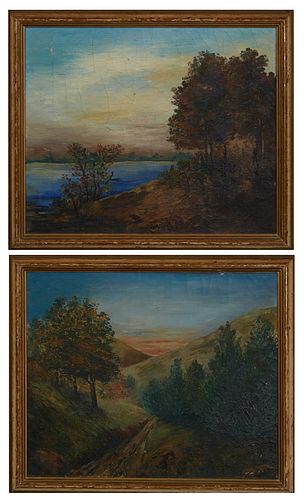 J. K. Hurst, "Road Through the Hills," and "Lake Landscape," pair of oils on canvas, signed lower right, presented in matching gilt...