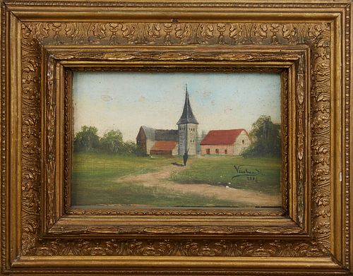 Vauban (Continental), "Figure on a Country Road Before Buildings," 1882, oil on panel, signed and dated lower right, presented in a...