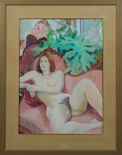 Elsie Dinsmore Popkin (1937-2005, American), "Reclining Nude Female," 1976, mixed media, signed and dated lower left, presented in a...