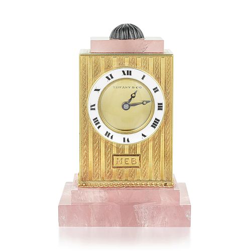 Tiffany & Co. Art Deco Rose Quartz and Onyx Clock in 14K Gold
