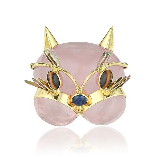 Tiffany & Co. Vintage Rose Quartz Sapphire and Tiger's Eye Cat Brooch