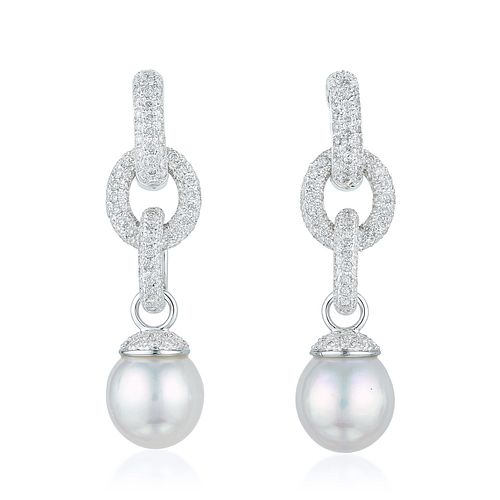 Diamond and Cultured Pearl Drop Day/Night Earrings