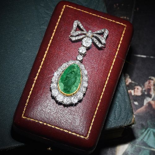 Antique Emerald and Diamond Bow Pendant