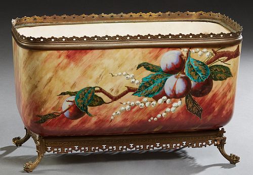 Rare and Unusual Baccarat Porcelain Rectangular Center Bowl or Table Planter, c. 1890, with a gilt bronze rim with scalloped pierced decoration, the s