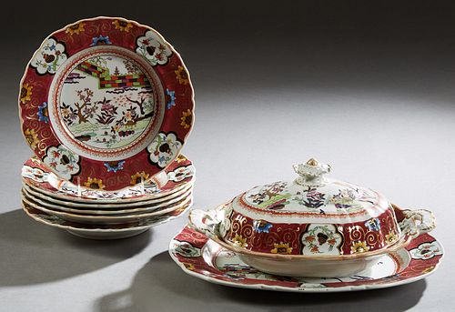 Eight Piece Partial Set of Mason's Ironstone Dinnerware, c. 1840, in the Oriental pattern, consisting of six soup bowls, a covered vegetable dish and 