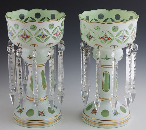 Pair of Large White-to-Green Cut Glass Lusters, 19th c., prism hung, with enameled floral decoration, H.- 13 1/2 in., Dia.- 7 3/8 in. Provenance: from