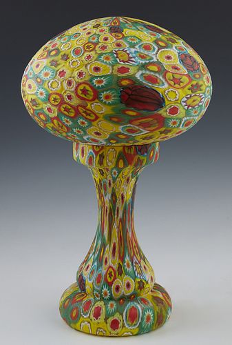 Unusual Millefiori Glass Table Lamp, 20th c., probably Murano, the mushroom shaped shade on a tapered baluster base, wired, H.- 14 1/2 in., Dia.- 8 in