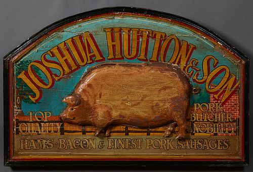 Polychromed Carved Wooden Trade Sign, 19th c., for "Joshua Hutton & Son Top Quality Pork Butcher Nobility," the arched sign with a large central relie