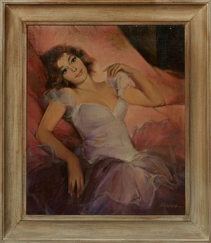 Hungarian School, "Portrait of a Reclining Girl," 20th c., oil on canvas laid to panel, signed indistinctly, lower right, presented in a wide polychro